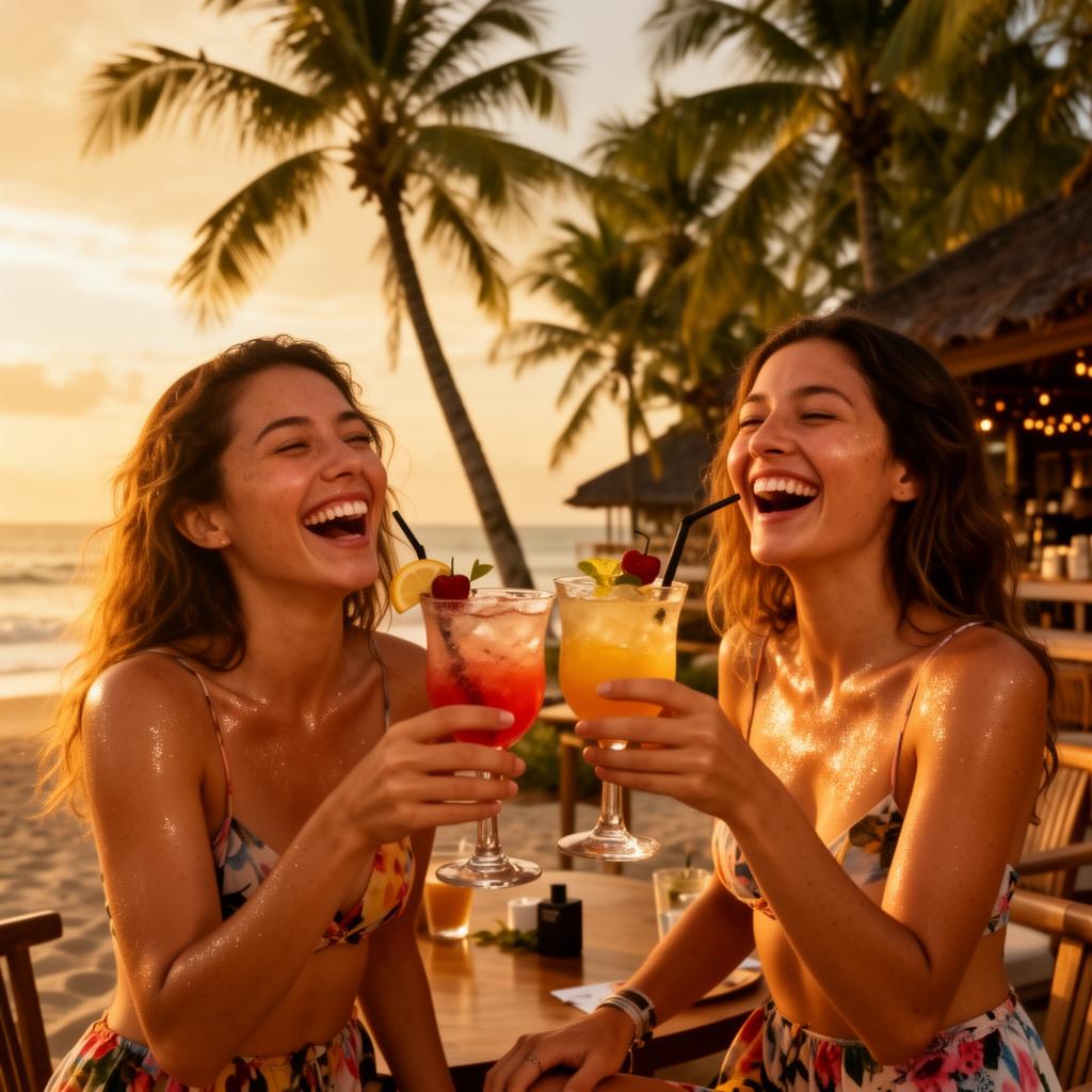 Friends enjoying drinks at a Bali beach club